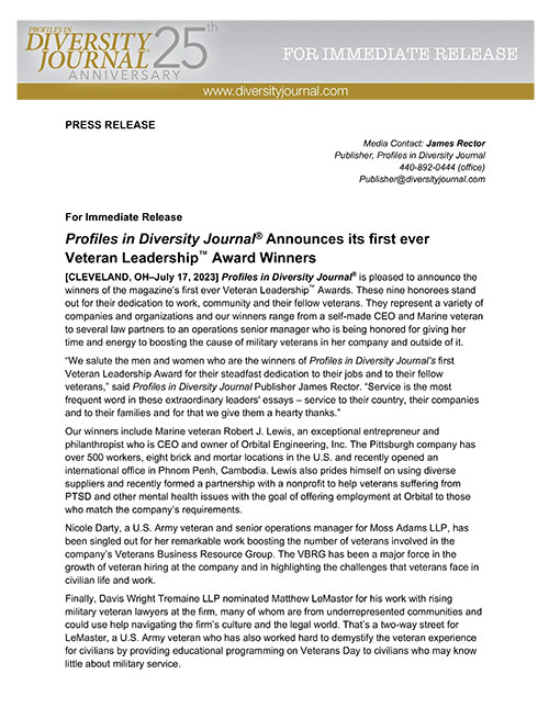 Press Release Profiles in Diversity Journal Announces its first ever Veteran Leadership Award Winners