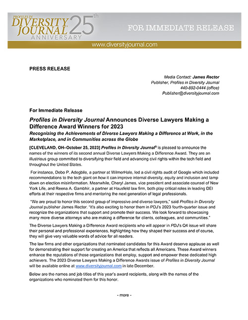 Press Release Profiles in Diversity Journal Announces Diverse Lawyers Making a Difference Award Winners for 2023
