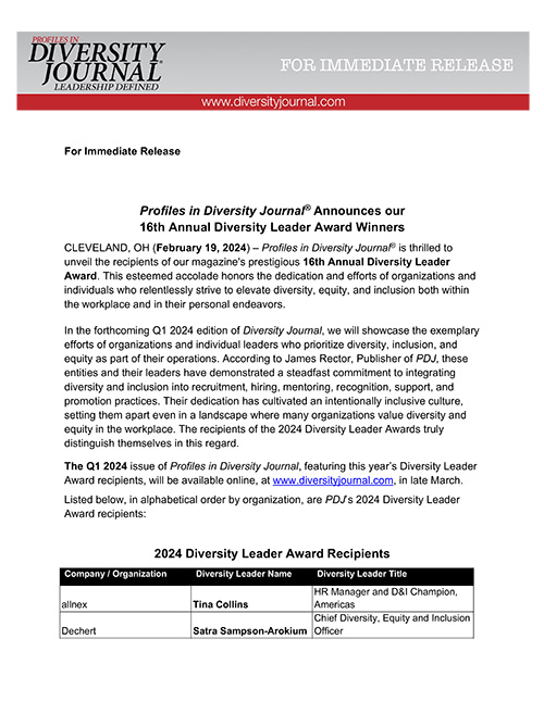 Press Release Profiles in Diversity Journal Announces our 16th Annual Diversity Leader Award Winners
