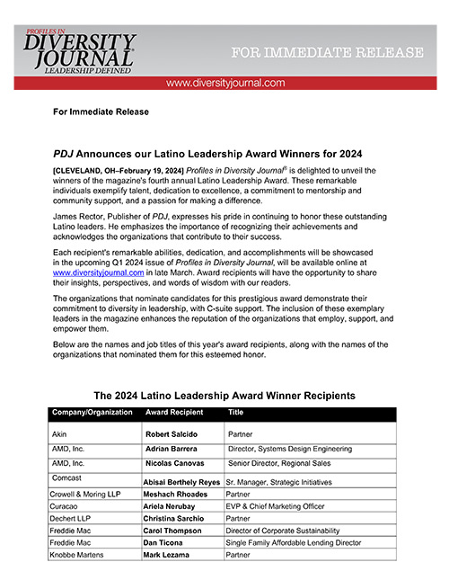 Press Release PDJ Announces our Latino Leadership Award Winners for 2024